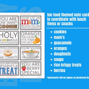May include: Eight colorful note cards with food-themed puns and illustrations. The cards feature phrases like "You are one smart cookie" and "You're just like M&M's".