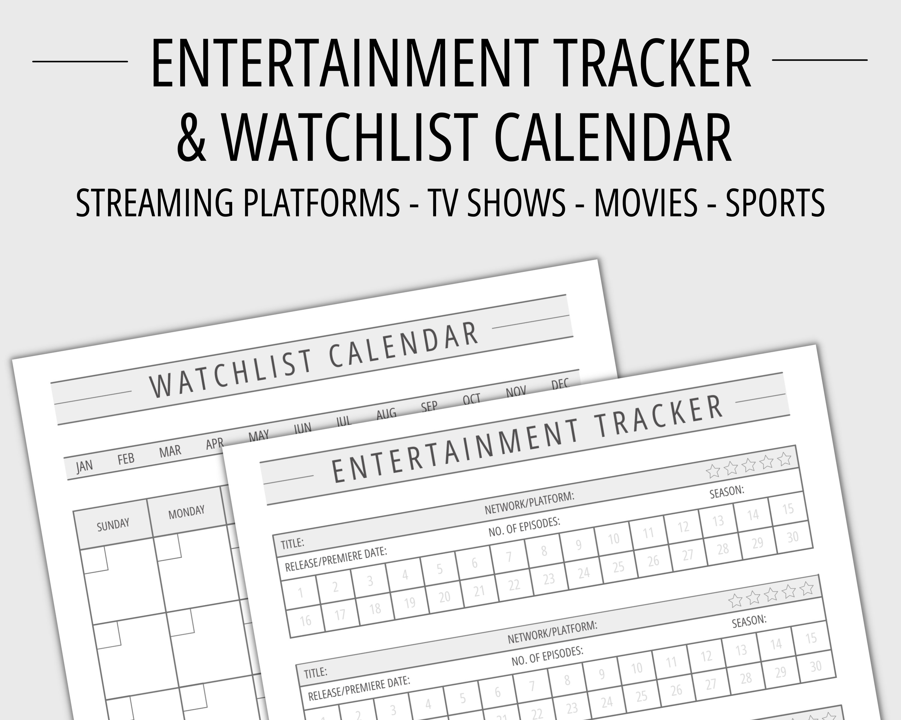 Entertainment Tracker and Watchlist Calendar, TV Show Tracker, Streaming Platform and Network Watchlist, TV Show & Movies Tracker Watchlist