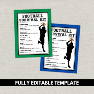 Editable Football Survival Kit Tags, Football Treat Tags, Football Party Favor Goody Bags, Kids Teams Coaches Game Day Sports Theme Idea