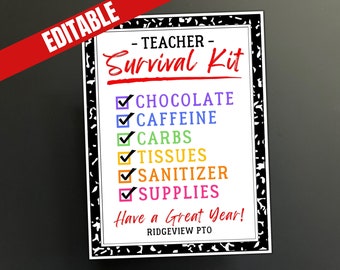 EDITABLE Teacher Survival Kit Treat Bag Tag, Teacher Appreciation & Staff Appreciation, 1st Day or Welcome Back PTO PTA Gift Idea, Goody Bag