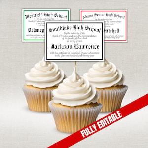 May include: Three cupcakes with white frosting, each topped with a certificate. The certificates are for Westfield High School, Southlake High School, and Adams Senior High School. The certificates are black and white with a colored border. The image has a red diagonal banner that says "FULLY EDITABLE."