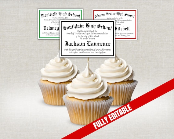 Editable Graduation Diploma Cupcake Toppers, Mini High School College Diploma Decoration, Senior Class of 2026 Personalized Grad Party Favor
