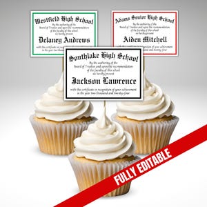 Editable Graduation Diploma Cupcake Toppers, Mini High School College Diploma Decoration, Senior Class of 2026 Personalized Grad Party Favor