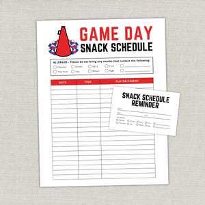 Puede incluir: Una hoja blanca impresa con el texto "GAME DAY SNACK SCHEDULE" en rojo y negro. Incluye una sección para alergias y una tarjeta más pequeña "SNACK SCHEDULE REMINDER". Presenta un gráfico de megáfono rojo.