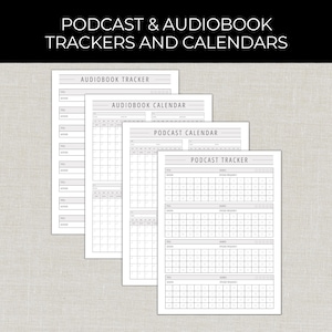 Könnte beinhalten: Ein Set aus vier weißen Papierbögen mit schwarzem Text und Rasterlayouts. Die Blätter sind als Audiobook Tracker, Audiobook Calendar, Podcast Calendar und Podcast Tracker beschriftet. Jede Seite enthält Abschnitte für Titel, Autoren und Daten.