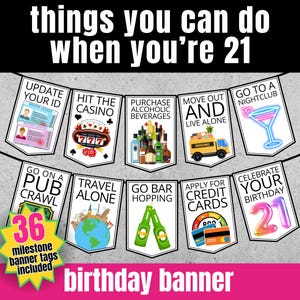 Faixa de aniversário de 21 anos para imprimir, Coisas que você pode fazer aos 21 anos, Ideia de presente de aniversário de 21 anos para filha, filho ou amigo, Decoração de festa de aniversário