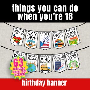 May include: A birthday banner featuring two rows of white pennants with black text and illustrations depicting activities for an eighteen-year-old, including getting a tattoo, skydiving, voting, and opening a bank account, with a pink starburst label.