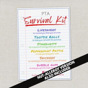 PTA Survival Kit Gift Tags, Parent Teacher Association and Staff Appreciation Gifts, Back to School Party Favors, Gift Basket Bag Tag