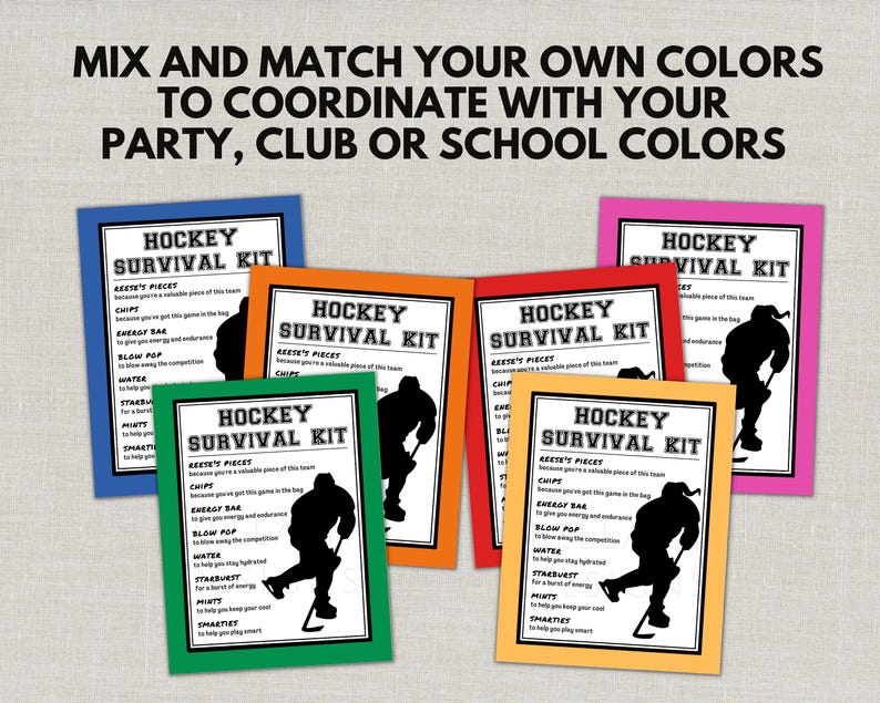 May include: A collection of colorful cards with the text "HOCKEY SURVIVAL KIT" and a hockey player silhouette. The cards have various colored borders, including blue, orange, red, green, and pink, with the text "MIX AND MATCH YOUR OWN COLORS TO COORDINATE WITH YOUR PARTY, CLUB OR SCHOOL COLORS".