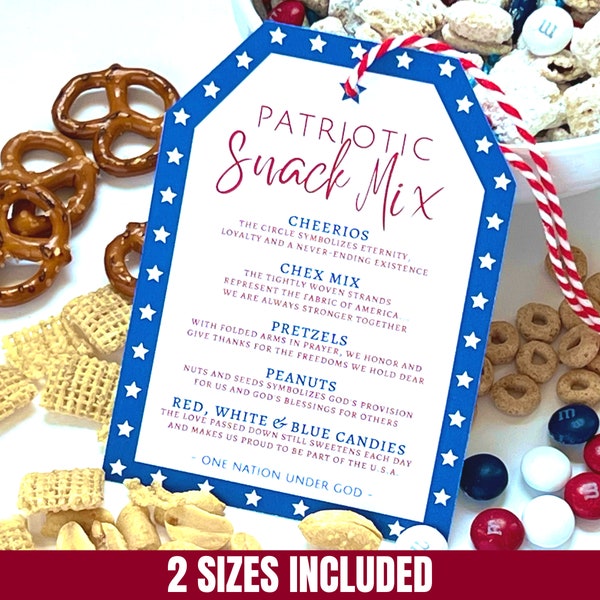 Patriotic 4th of July Snack Mix Tags, Printable Red White & Blue Gift or Favor Cards for Party Favor Treats and Sunday School Handouts