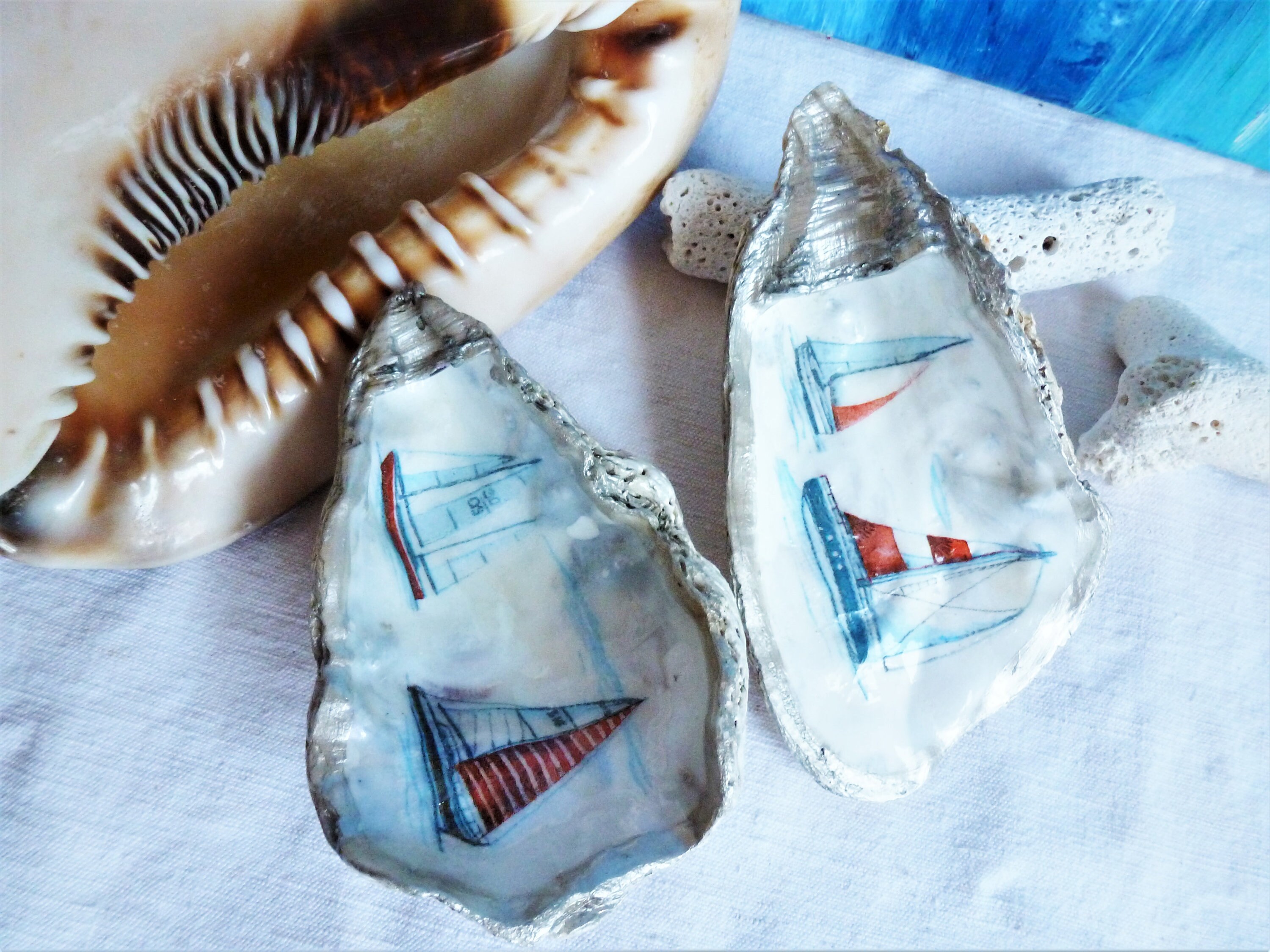 2 Ornements Coquillages Peints, Coquilles d'huîtres Décorées, Déco Marine Coquille Huître, Plat d'an