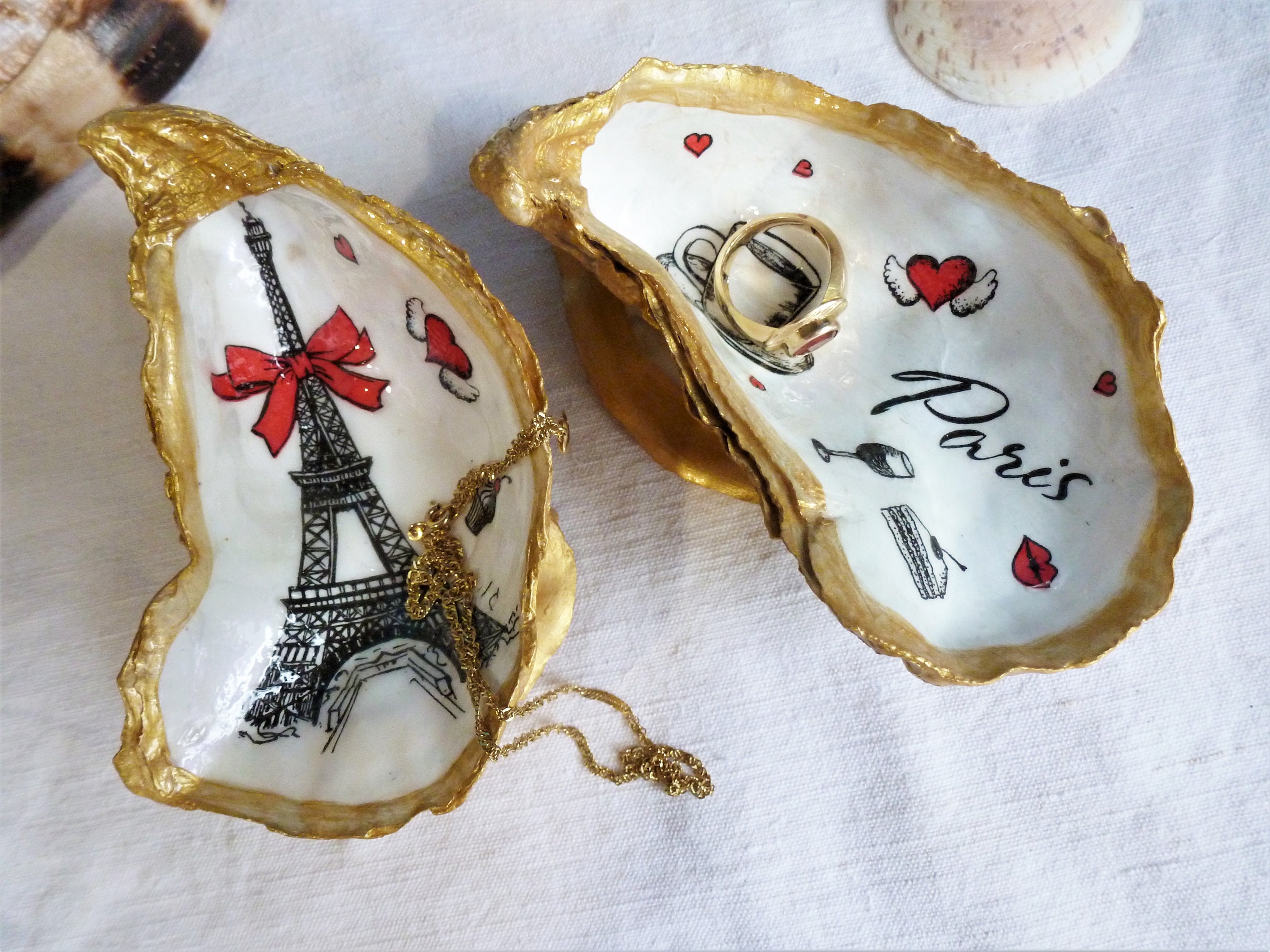 2 Large Oyster Shells With Paris Decor Oyster Shell Jewelry Etsy