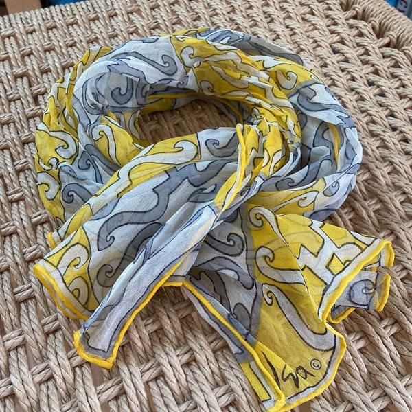 VERA Silk Scarf, Sheer Chiffon in Yellow and Grey, Long 42" x 13" Perfect Accessory for Effortlessly Elevating an Outfit