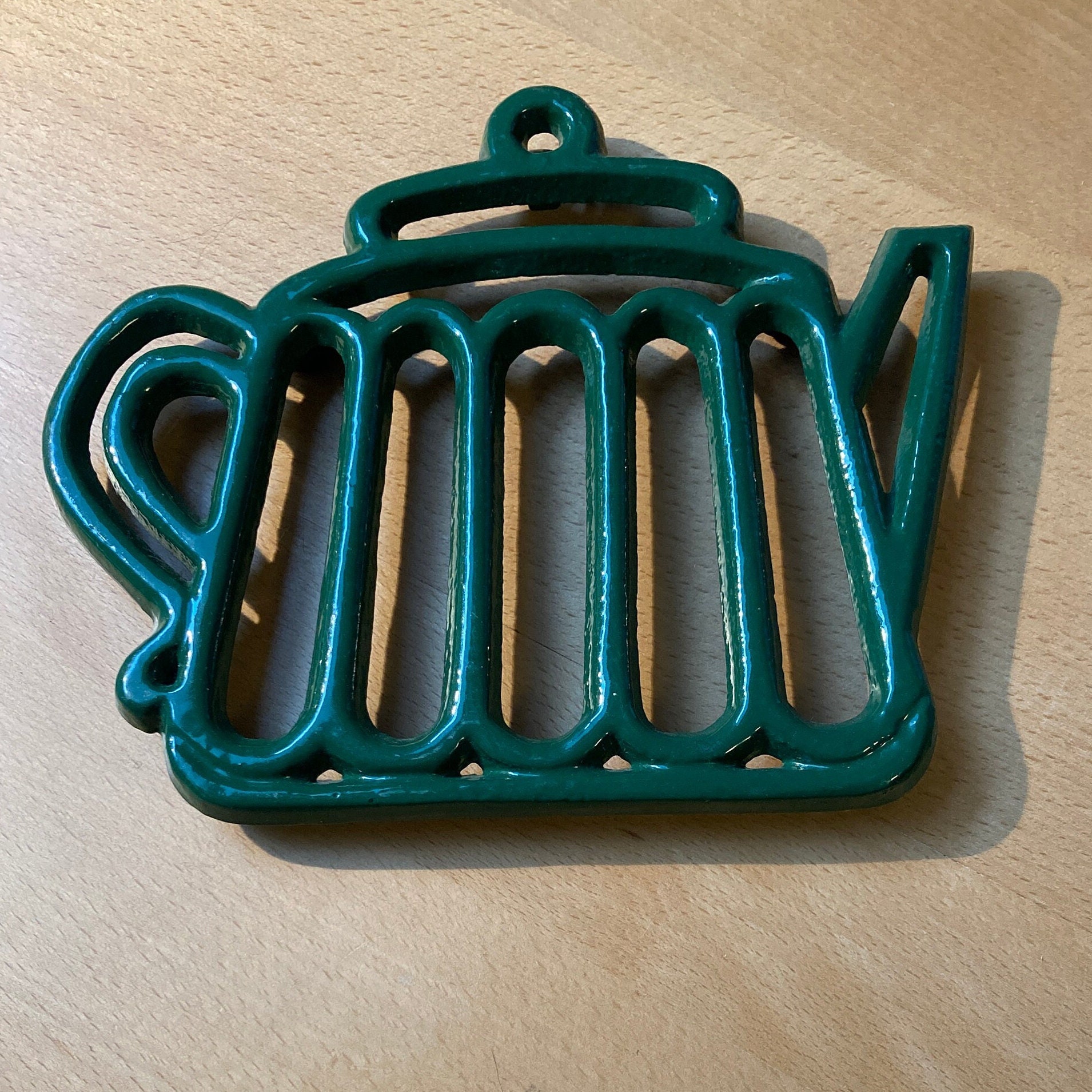 Tea Pot Trivet, Cast Iron Deep Green Enamel With Rubber Feet, Cheerful