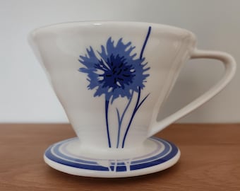 Pour Over Ceramic Coffee Dripper, Scandinavian Blue Cornflower, Bachelor Button Design, 1-2 Cups.