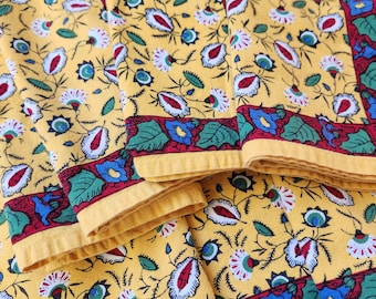 Set of 7 French Country Provencal Bright Yellow Dinner Napkins, Floral Block Print w/ Border, 20x 20" Indian Cotton, Good Vintage Condition