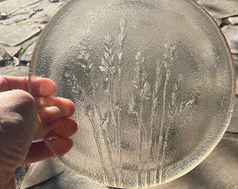 Vintage Art Glass Plate, Embossed Wild Wheat Grasses Swedish, Kosta Boda? Finnish Humppila?Collectible Scandinavian Design Small Glass Dish