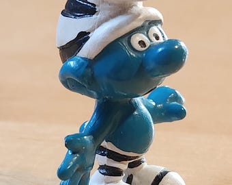 Smurf, Inmate, Prisoner, Old Fashioned Striped Jailbird, Jailer, Bad Guy Collectible Figurine, Peyo, 1980's, Gift for Back to School/ Work