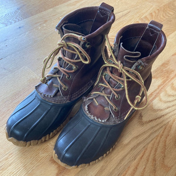 Schnee Forester Duck Boots Rubber Mud, Rain, Outdoors, Made in Montana, Vintage 1995, Men Sz 5 OR Wmn Sz 7, Leather Upper, Brass Hardware