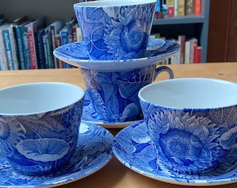 Spode Blue Room Collection, Sunflower,Morning Glory Teacup & Saucer Set of Four, Fine China, Beautiful Blue, White Pattern, Made in England