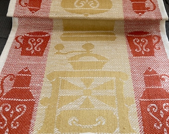 MCM Crisp Linen Tea, Kitchen Towel, Vintage Dura Weave, Scandinavian Coffee Pot, Kaffe, Fika, Orange & Yellow, Original Tag, MINT!!