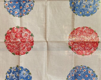 Vintage Linen Tea Towel, Hand-Painted Whimsical MCM Scandi-Flower Design, Over-sized Kitchen Towel, Never Used, Original Label, Unique Gift