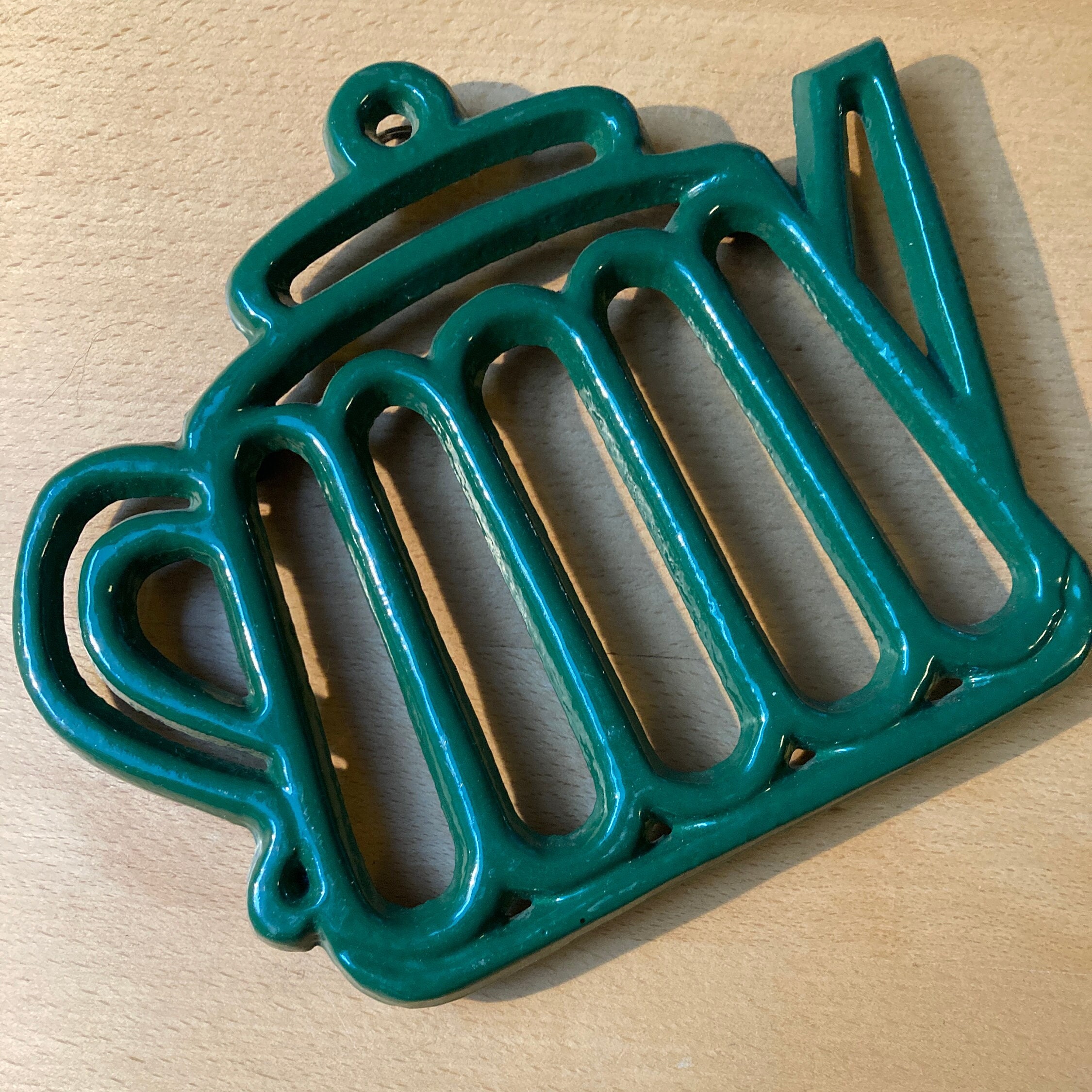 Tea Pot Trivet, Cast Iron Deep Green Enamel With Rubber Feet, Cheerful
