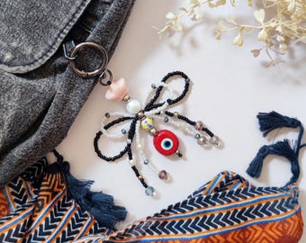 Fish Devil Eye with Ribbon Bag Charm : Boho beaded Keychain - Graduation Gift