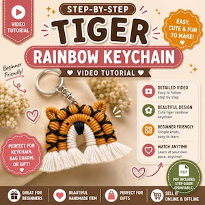May include: A handmade tiger rainbow keychain with a silver keyring. The keychain features a tiger design with orange, black, and white colors. The image includes text that says "Step-by-Step Tiger Rainbow Keychain Video Tutorial".
