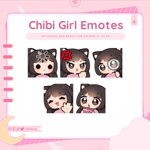 Twitch、YouTube、Discord 向け Chibi Girl Emotes (5 パック、黒) | かわいいエモート バンドル、アニメーション エモート