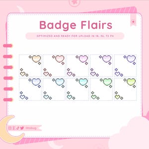 May include: A set of 12 pixel art heart badge flairs in various pastel colors. Each flair features a heart with four stars surrounding it. The flairs are optimized for upload in 18, 36, and 72 pixels.