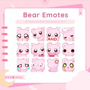 Pink Bear Emotes (12 Pack) for Twitch, YouTube, Discord | Cute Animal Emotes