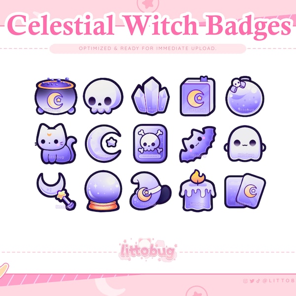Celestial Witch Badges (15 Pack, Purple) for Twitch, Discord, Youtube | Witch Stream Assets