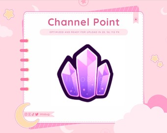 May include: Purple crystal-shaped channel point icon with a white background. The text "Channel Point" is at the top of the image. The text "OPTIMIZED AND READY FOR UPLOAD IN 28, 56, 112 PX" is below the title.