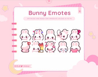 Può includere: Un set di 8 emoticon di coniglietto rosa con diverse espressioni, tra cui cuori, un punto interrogativo e una tazza di caffè. Le emoticon sono ottimizzate per il caricamento immediato in 112 pixel. Il testo "Bunny Emotes" è nella parte superiore dell'immagine.