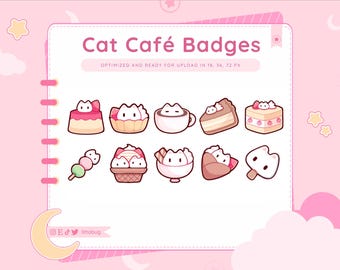 Puede incluir: Un conjunto de 10 insignias digitales de cafetería de gatos con adorables gatos de dibujos animados disfrutando de varios postres y bebidas. Las insignias están optimizadas para cargarse en 18, 36 y 72 píxeles.