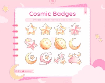 Cosmic Star Moon Twitch Badges, Gold & Pink (12 Pack)