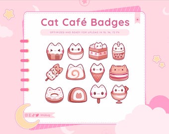 May include: A set of 10 cat cafe badges featuring cute cartoon cats with various desserts and drinks. The badges are optimized for upload in 18, 36, and 72 pixels.