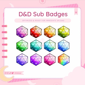 May include: A collection of twelve colorful D&D sub badges in a variety of colors, including red, orange, yellow, green, blue, and purple. Each badge is a twenty-sided die with the numbers 8, 14, and 20 visible. The text "D&D Sub Badges" is at the top.