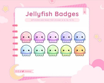 Op de afbeelding: Een set van negen kleurrijke kwallen badges met lachende gezichten. De badges zijn in verschillende tinten blauw, groen, geel en oranje. De tekst "Jellyfish Badges" staat bovenaan de afbeelding.