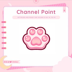 Könnte beinhalten: Ein rosa Pfotenabdruck-Symbol mit weißem Umriss. Das Symbol befindet sich auf einem weißen Hintergrund mit rosa Rand und dem Text "Channel Point" in Schwarz.