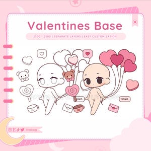 Może przedstawiać: Cyfrowa ilustracja bazy walentynkowej do personalizacji z dwoma pustymi postaciami chibi, sercami i innymi elementami walentynkowymi. Tekst "Valentines Base" znajduje się w górnej części obrazu.