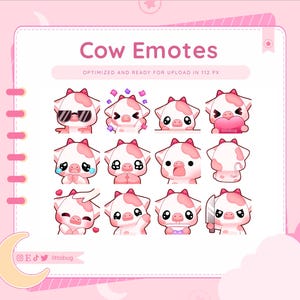 Pink Peach Cow Emotes (12 Pack) for Twitch, YouTube, Discord | Animal Emotes