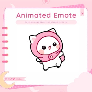 Könnte beinhalten: Ein rosa animiertes Emoji einer niedlichen Cartoon-Katze, die einen rosa Kapuzenpullover trägt. Die Katze hat große Augen, einen kleinen Mund und eine rosa Nase. Das Emoji ist für den Upload in 112 Pixel optimiert.