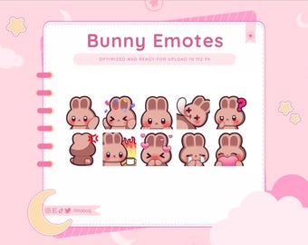 May include: A set of nine brown bunny emoticons with different expressions, including hearts, stars, and a question mark. The emoticons are optimised for upload in 112 pixels. The text "Bunny Emotes" is at the top of the image.