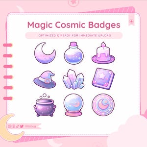 Puede incluir: Una colección de ilustraciones caprichosas en colores pastel de insignias temáticas de magia. Las insignias incluyen una luna creciente, una botella de poción, una vela, un sombrero de bruja, cristales, un libro de hechizos, un caldero, una bola de cristal y una insignia circular con una luna creciente. El texto dice "Magic Cosmic Badges".