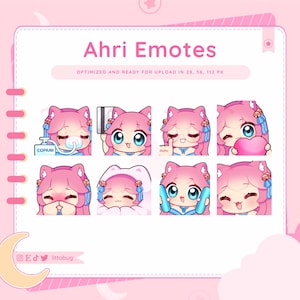 以下が含まれることがあります： ピンクの髪の毛を持つ8つのアニメスタイルのキャラクター絵文字のコレクション。それぞれ異なる表情をしています。「Ahri Emotes」の文字が画像の上に表示され、その下に「OPTIMIZED AND READY FOR UPLOAD IN 28, 56, 112 PX」の文字が表示されています。背景は薄いピンク色です。