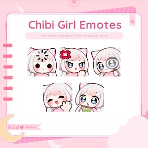 Twitch、YouTube、Discord 向け Chibi Girl Emotes (5 パック、白) | Emote Bundle、アニメーション Emotes