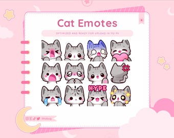 Grau-weißes Kätzchen Emotes, animierte Katze Twitch/Discord Emotes (12er Pack)