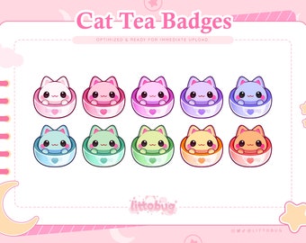 Cat Tea Badges (Rainbow) for Twitch, YouTube, Discord | Kitten Bit Badges | Sub Badges